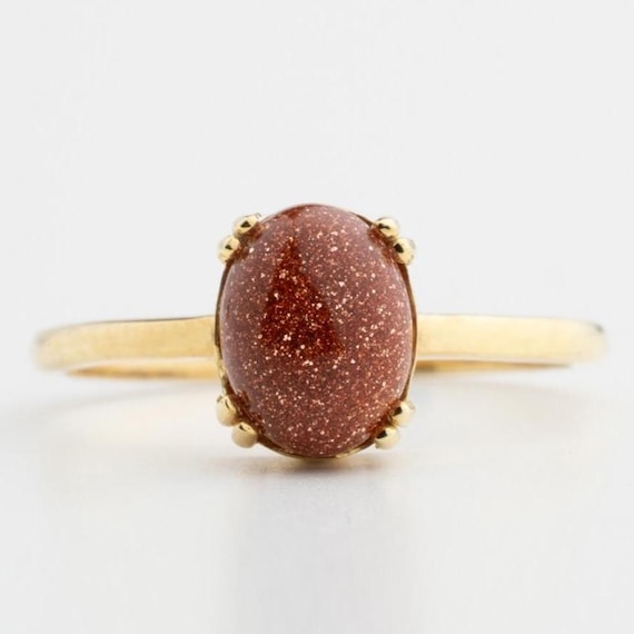 Goldstone Ring Gold Vermeil, Sparkling Brown Gemstone Ring, Dainty Sunstone Look Ring, Golden Sandstone Ring, Handmade Gold sandstone Ring