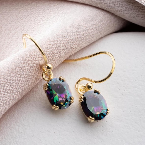 Mystic Topaz Earrings, Oval-Cut Rainbow CZ Gemstones in 14K Gold Vermeil, Iridescent Drop Earrings for Her, Dainty Oval Rainbow Gem Dangles