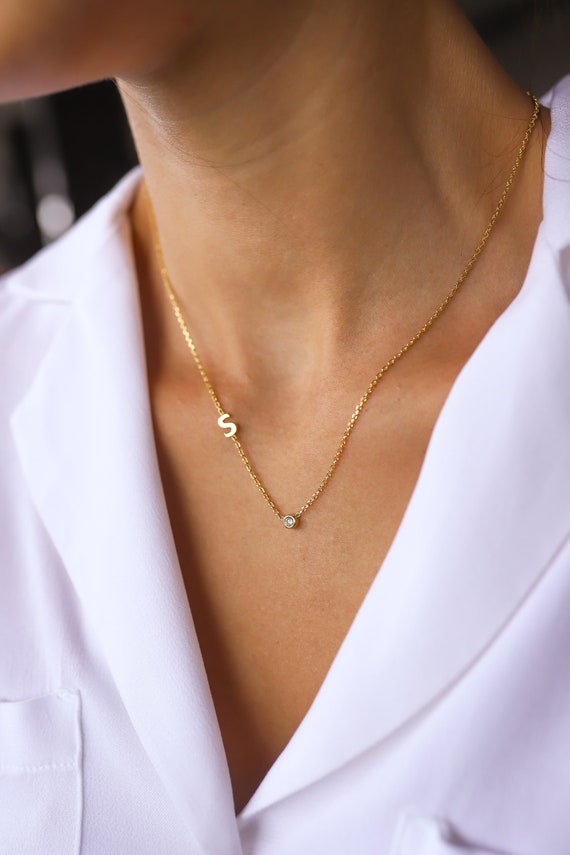 Gold Letter Necklace with Small Bezel,  birthstone jewelry Sideways Initial Necklace, Initial Necklace, Asymmetric Initial Dainty Necklace