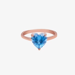 Blue Topaz Heart Ring • Rose Gold Heart-Shaped CZ Ring • Dainty Promise Ring • Romantic Jewelry Gift for Women & Girls