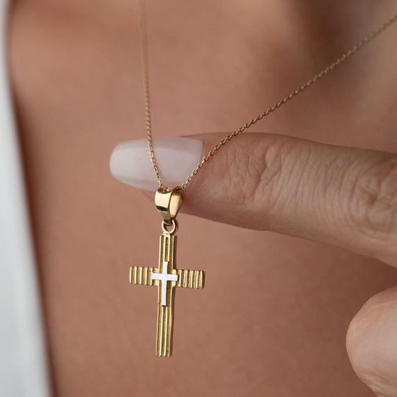 14K Solid Gold Cross Necklace: Elegant Grooved Religious Pendant