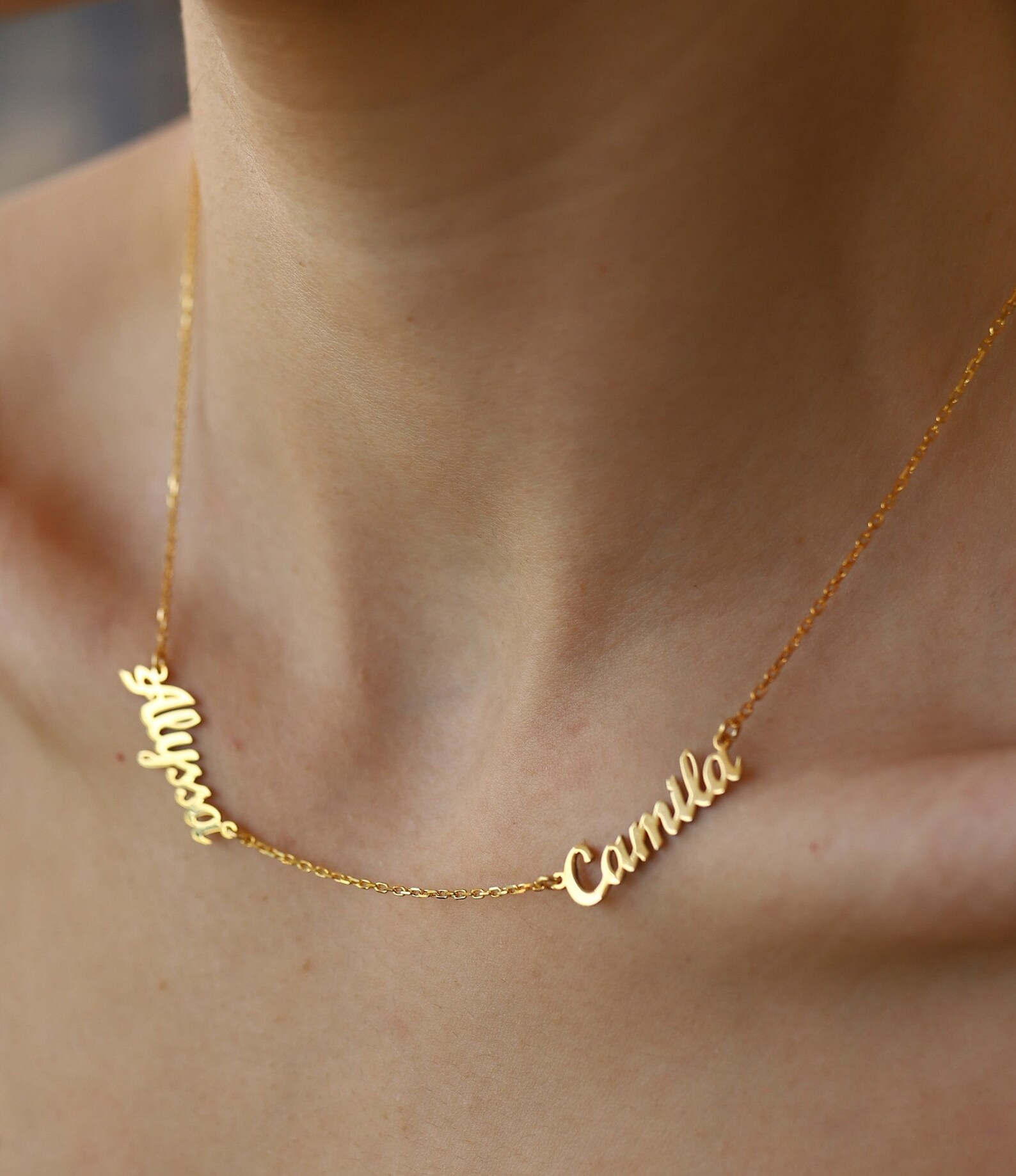 14K Solid Gold Two Name Necklace Custom Names Necklace Gold Etsy