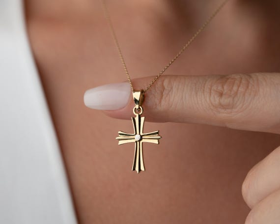 14K Solid Gold Flared Cross Necklace: Elegant Religious Jewelry