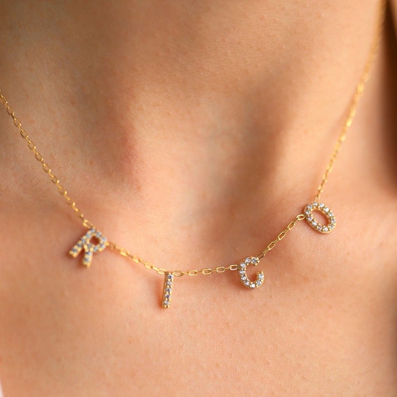 Sparkly Pave Initial Necklace, Sideway Sparkling Pave Stone Name Necklace, Shiny CZ Stone, Custom Pave Name Necklace, Personalized Pave Name