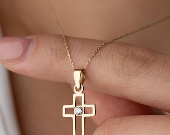 Handmade 14K Solid Gold Cross Necklace, Dainty Open Cross Pendant with Diamond Accent, Open Cross Pendant, Everyday Gold Christian Cross