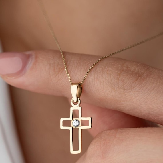Handmade 14K Solid Gold Cross Necklace, Dainty Open Cross Pendant with Diamond Accent, Open Cross Pendant, Everyday Gold Christian Cross