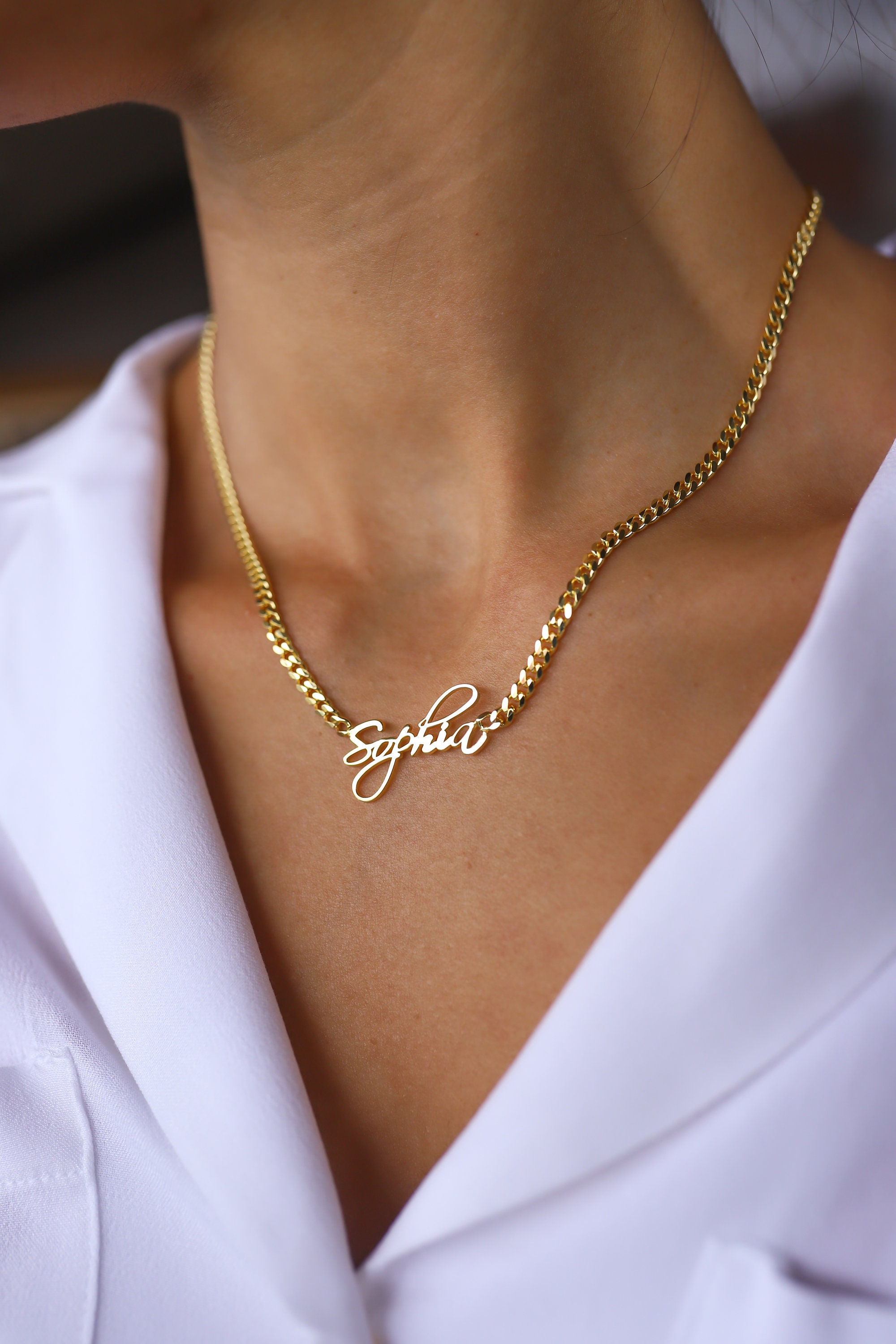 14K Name Necklace Cuban Chain Name Necklace Gold Name Necklace 14K Solid Gold Name Necklace Curb Chain Name Jewelry Curb Name Necklace