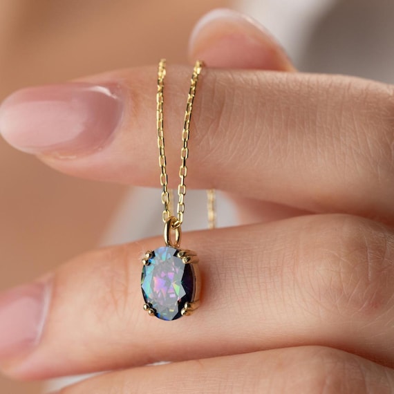 Mystic Topaz Necklace, Iridescent Oval Gemstone Pendant in 14K Gold Vermeil, Rainbow Stone Jewelry Gift, Mystic Topaz Pendant Necklace