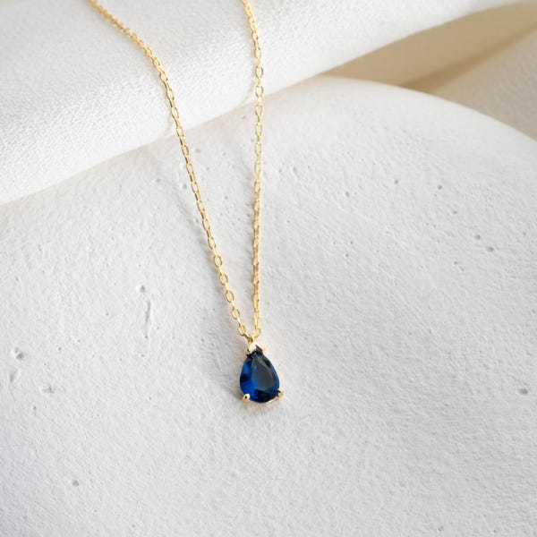 Sapphire Birthstone Necklace • September Jewelry Gift • Pear Cut Sapphire Pendant • Dainty Gold Necklace • Personalized Birthstone Gift
