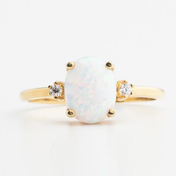 Opal Ring Gold Vermeil, Oval Opal and CZ Diamond Accent Ring, Dainty October Birthstone Ring, Ethereal Opal Ring, Oval Opal with CZ Accents