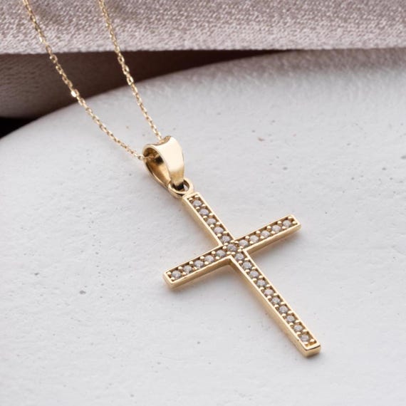 14K Solid Gold Cross Necklace, Diamond CZ Cross Pendant, Fine Gold Religious Jewelry Elegant Faith Jewelry Gift for Her Modern Faith Jewelry