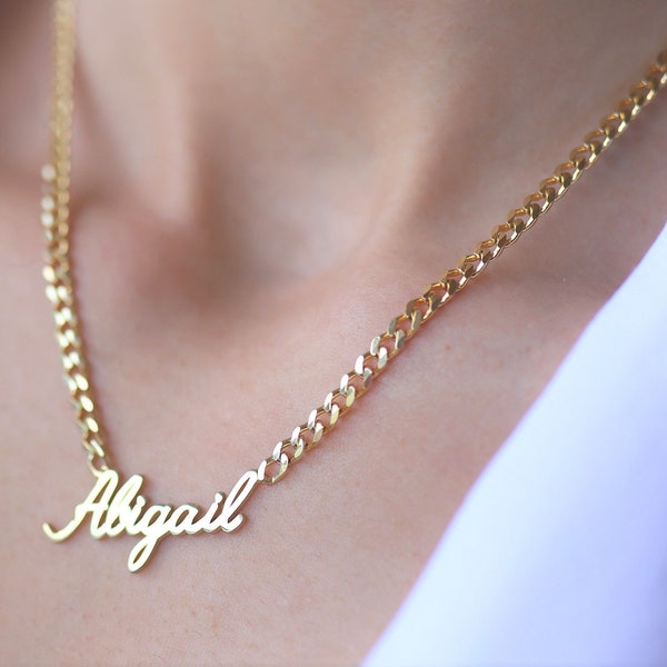 14K Custom Name Necklace with Bold Curb Chain, Personalized Gold Name Necklace, 14K Custom Name Jewelry, Solid Gold Name Necklace Curb Chain