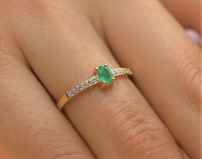 Natural Emerald Gold Rings, Green Emerald Rings, Minimalist Rings, Dainty Ring, Natural Stone Rings, Engagement Rings Birthstone Stone Rings image 2