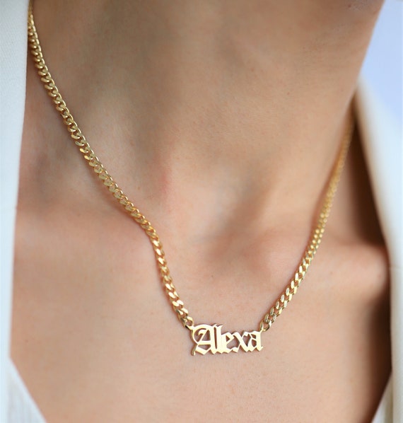 Chunky Gold  Gothic Name Necklace, Gold Name Necklace, Old English Name Necklace, Name Necklace with Curb Chain, Gothic Nameplate Necklace