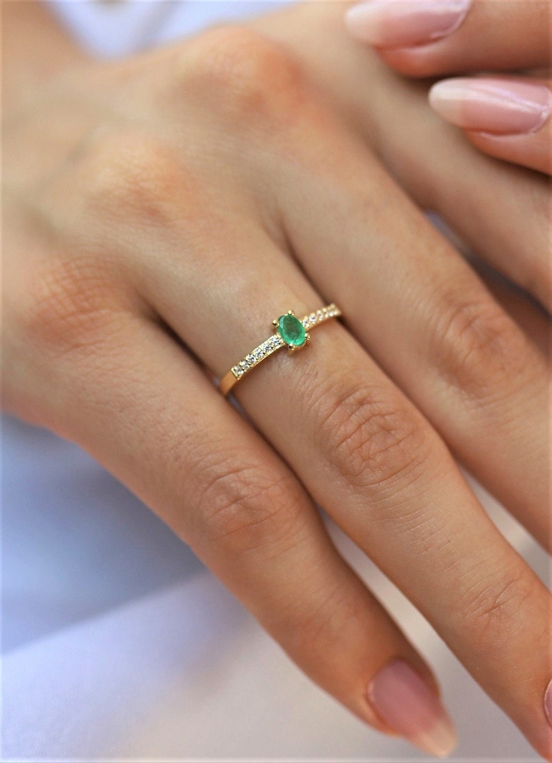 Natural Emerald Gold Rings, Green Emerald Rings, Minimalist Rings, Dainty Ring, Natural Stone Rings, Engagement Rings Birthstone Stone Rings image 5