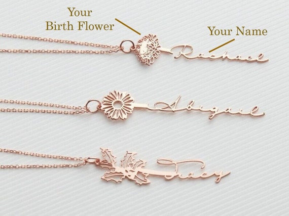 mothers day flower name necklace, mother's day gifts, Custom Dainty Birth Flower Name Gold Necklace