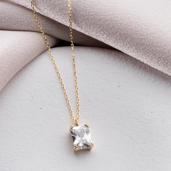 Diamond Stone Pendant, Gold Vermeil Crystal Diamond Pendant Necklace, April Birthstone Pendant, Emerald-Cut Clear CZ, Clear CZ Pendant