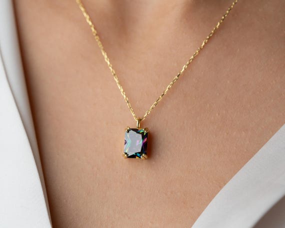 Mystic Topaz Pendant Necklace, 14K Gold Vermeil Mystic Topaz Necklace, Emerald-Cut CZ Mystic Topaz Jewelry Iridescent Rainbow Stone Necklace