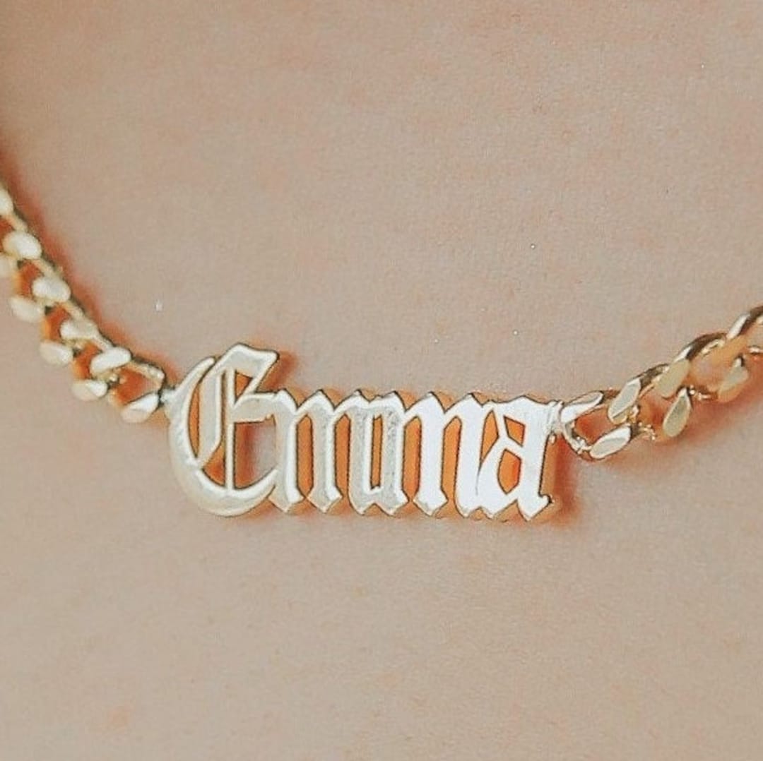 14k Yellow Gold Miami Cuban Link Personalized Large Old English Nameplate  Necklace