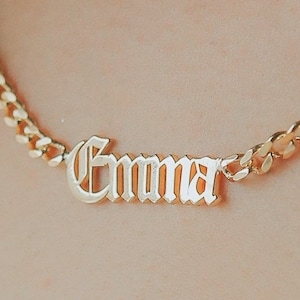 14K Solid Gold Curb Chain Gothic Name Necklace, 14K Old English Name Jewelry, Gothic Name Necklace on Curb Chain, Gothic Nameplate Necklace