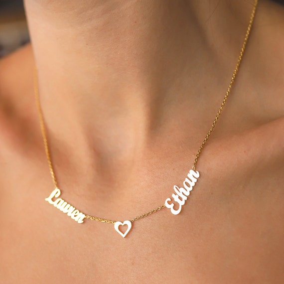 Two Name Necklace with Heart, Double Name Necklace, Personalized Two Name Jewelry, Dainty Family Name Necklace, Personalized Name Jewelry