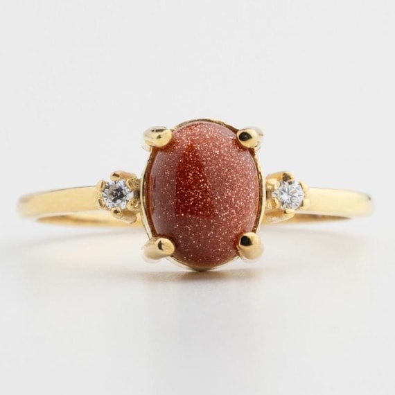 14K Gold Vermeil Goldstone Ring – Oval Cut Gemstone with Diamond Accents | Sparkling Sunstone Look | Dainty Fine Goldstone Jewelry Gift