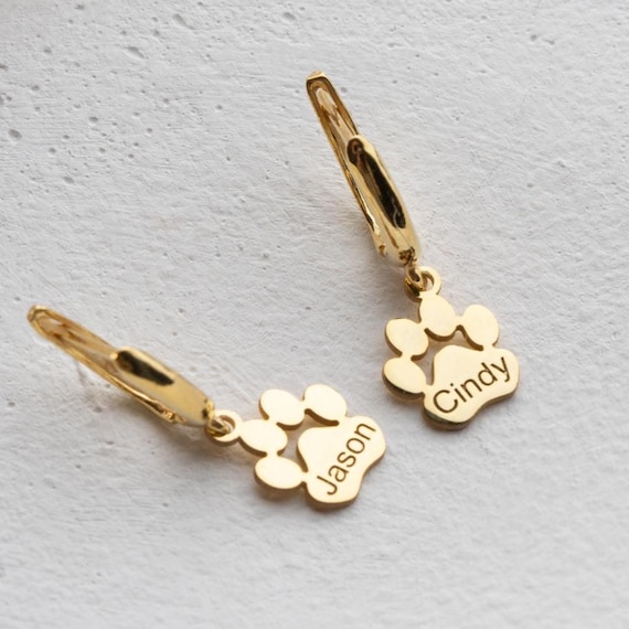 Personalized Gold Paw Print Earrings: Engraved Pet Name, Sterling Silver