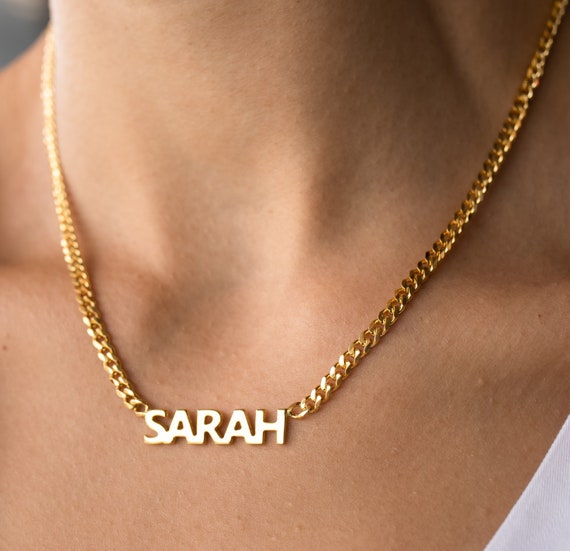 Custom Block Font Name Necklace - Personalized Block Letter Name Necklace - Modern Name Necklace - Block Name Necklace with Bold Curb Chain