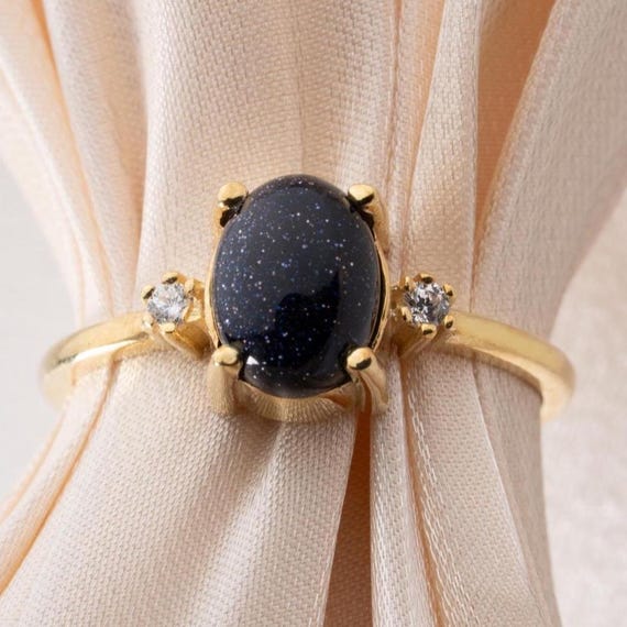 Midnight Galaxy Blue Goldstone Ring, Midnight Blue Goldstone Ring, Galaxy-Inspired Gemstone with CZ Accents Starry Night Blue Goldstone Ring