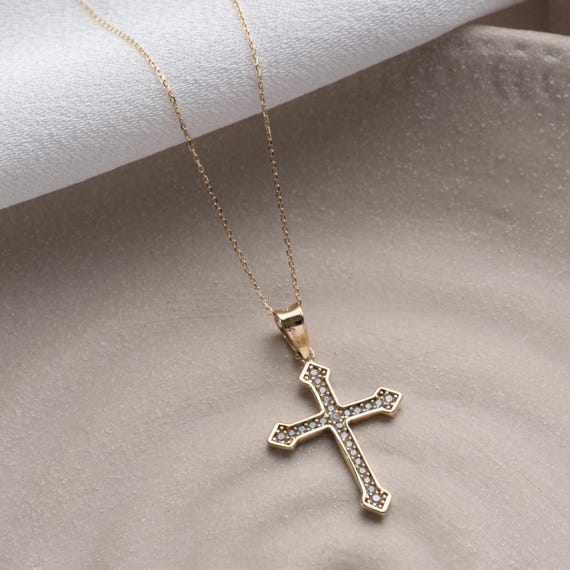 14K Solid Gold Cross Necklace: Sparkling Stone Christian Pendant