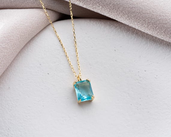 Aquamarine Blue Pendant Necklace, 14K Gold Vermeil Aquamarine Necklace, Emerald-Cut Aquamarine CZ (7x9mm),  March Birthstone Gold Necklace