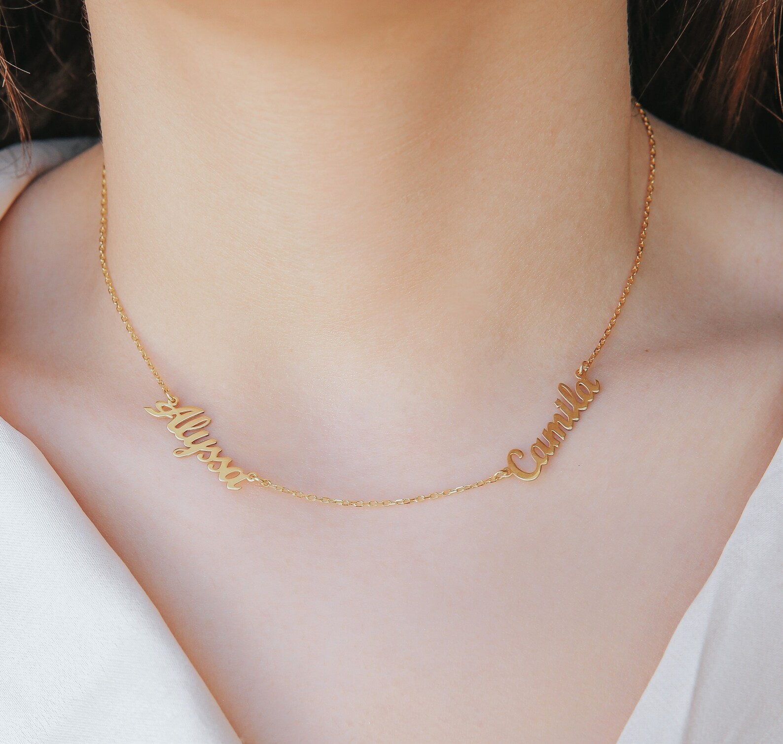 14K Solid Gold Two Name Necklace Custom Names Necklace Gold Etsy