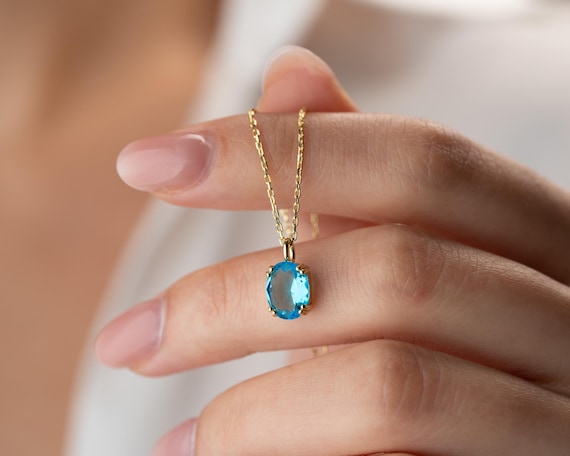 Oval Blue Topaz Pendant Necklace, Blue Topaz Gold Necklace, Elegant December Birthstone Jewelry, Minimalist December Birthstone Jewelry