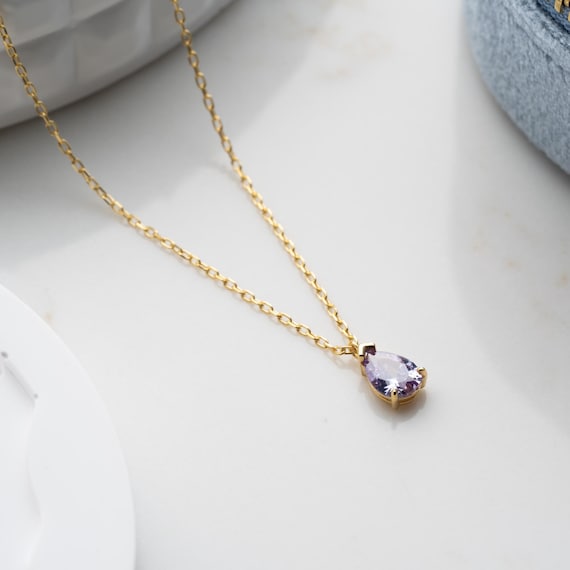 14k Gold Vermeil Amethyst Teardrop Necklace: February Birthstone