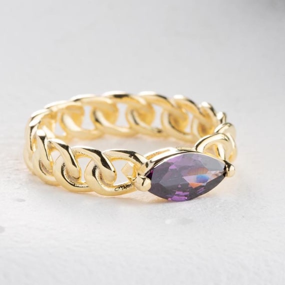 Gold Chain Ring with Purple Marquise Stone, Dainty Amethyst, Inspired Statement Ring, February Purple Marquise  Birthstone Statement Ring