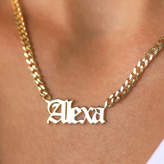 14K Solid Gold Curb Chain Gothic Name Necklace, 14K Old English Name Jewelry, Gothic Name Necklace on Curb Chain, Cuban Chain Name Necklace