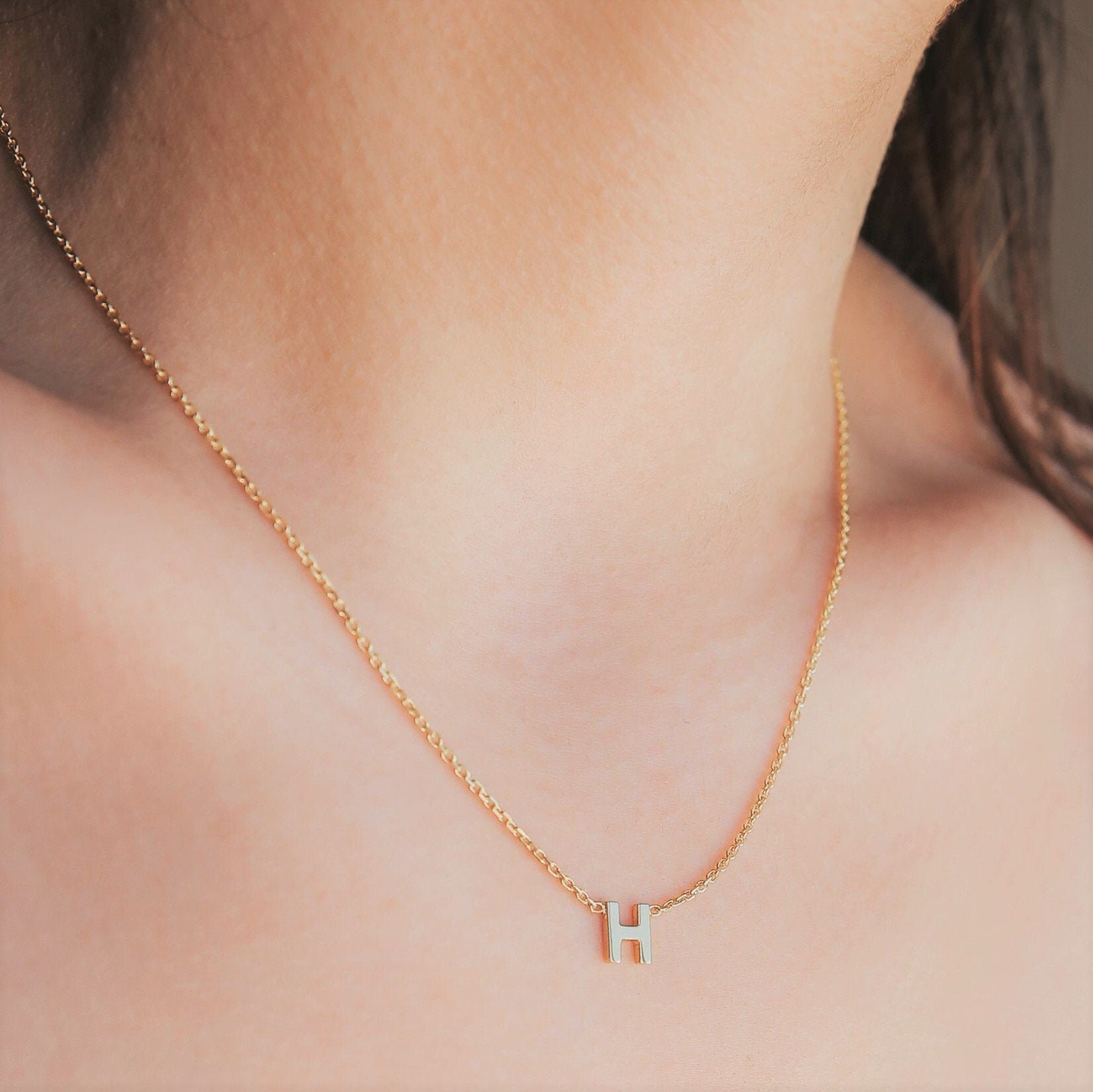Solid Gold Initial Necklace 14K Gold Letter Necklace 14K Etsy