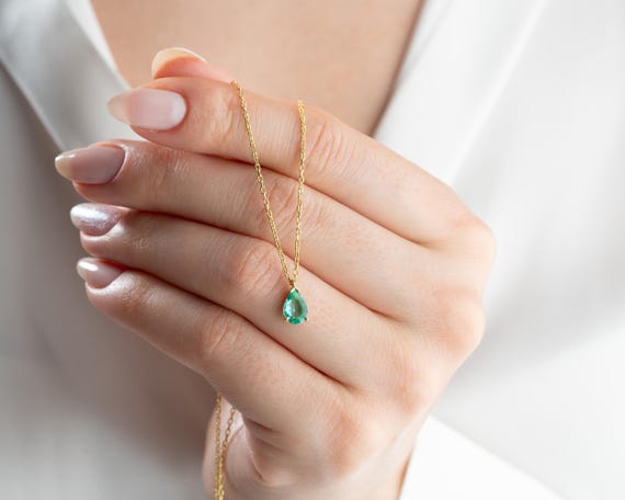 Gold Emerald Teardrop Necklace: May Birthstone Pendant, Sterling Silver