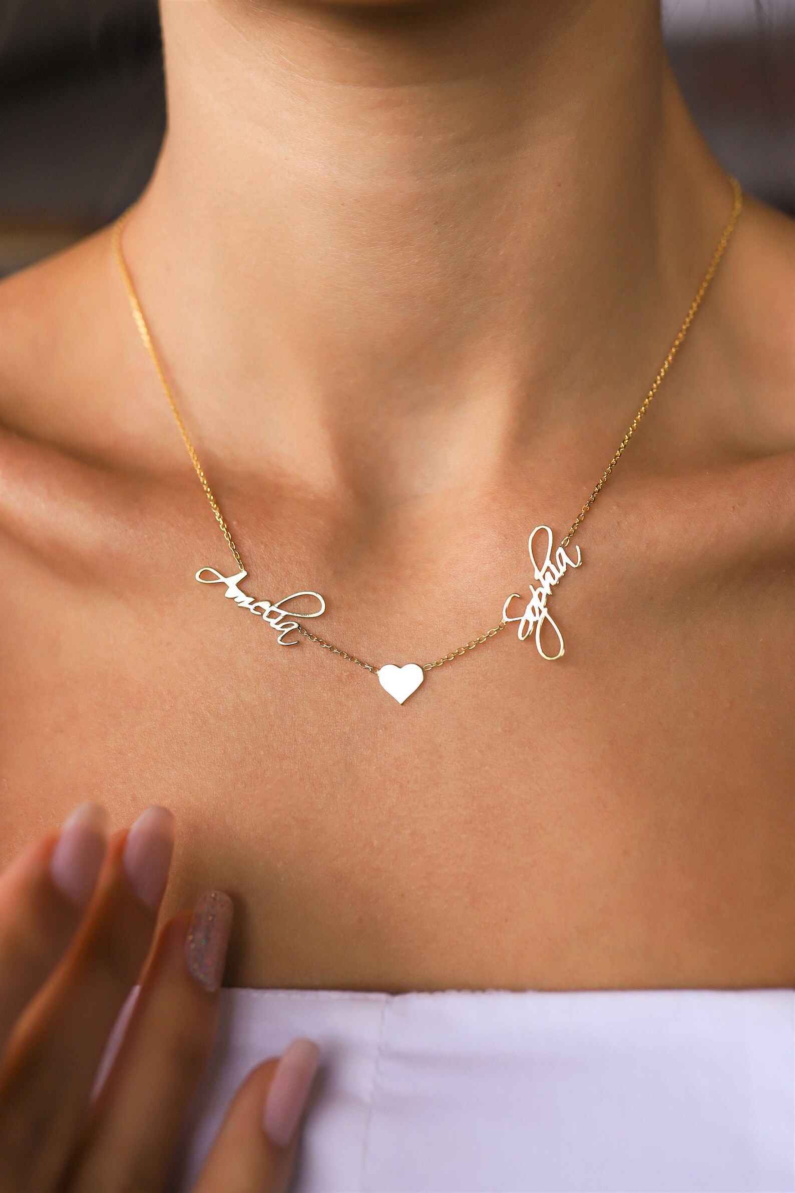 14K Solid Gold Two Name Necklace 14K Family Name Jewelry 14K Etsy