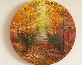 Fall Oil Painting Abstract Autumn Landscape On Round Canvas Fall Forest Art Autumn Trees Wall Decor Anniversary Gift For Parents