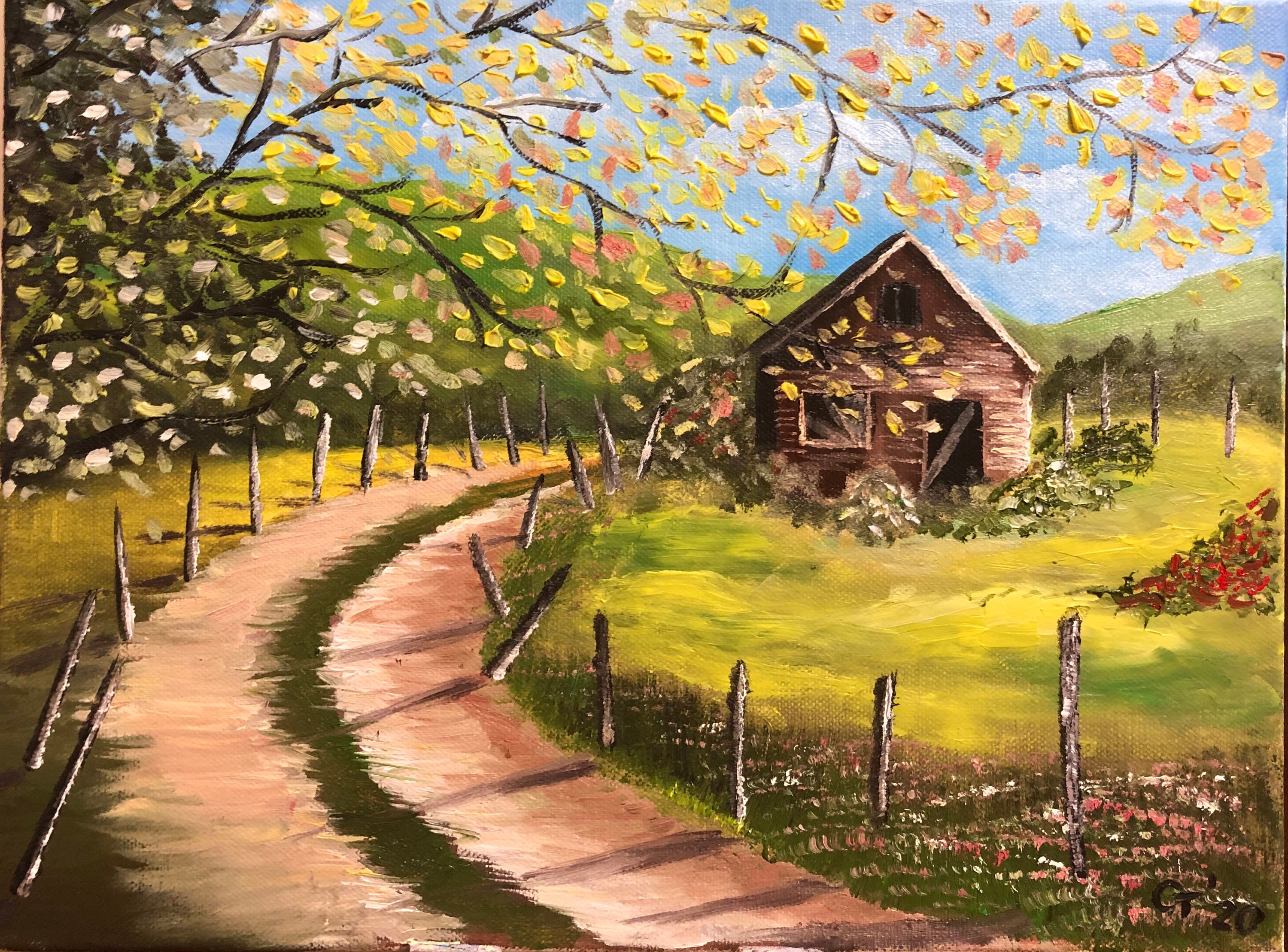 油絵 絵画【森の風景】 森の油絵風景画、素朴な納屋のアート、自然の油絵、手描きの