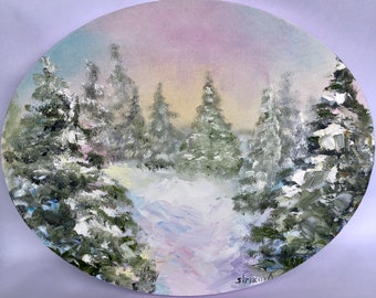 Winter Öl Landschaft Oval Malerei Kiefernbaum Wand Kunst Panorama Landschaft Palette Messer Kunstwerk über der Couch Dekor Erste Wohnung Geschenk