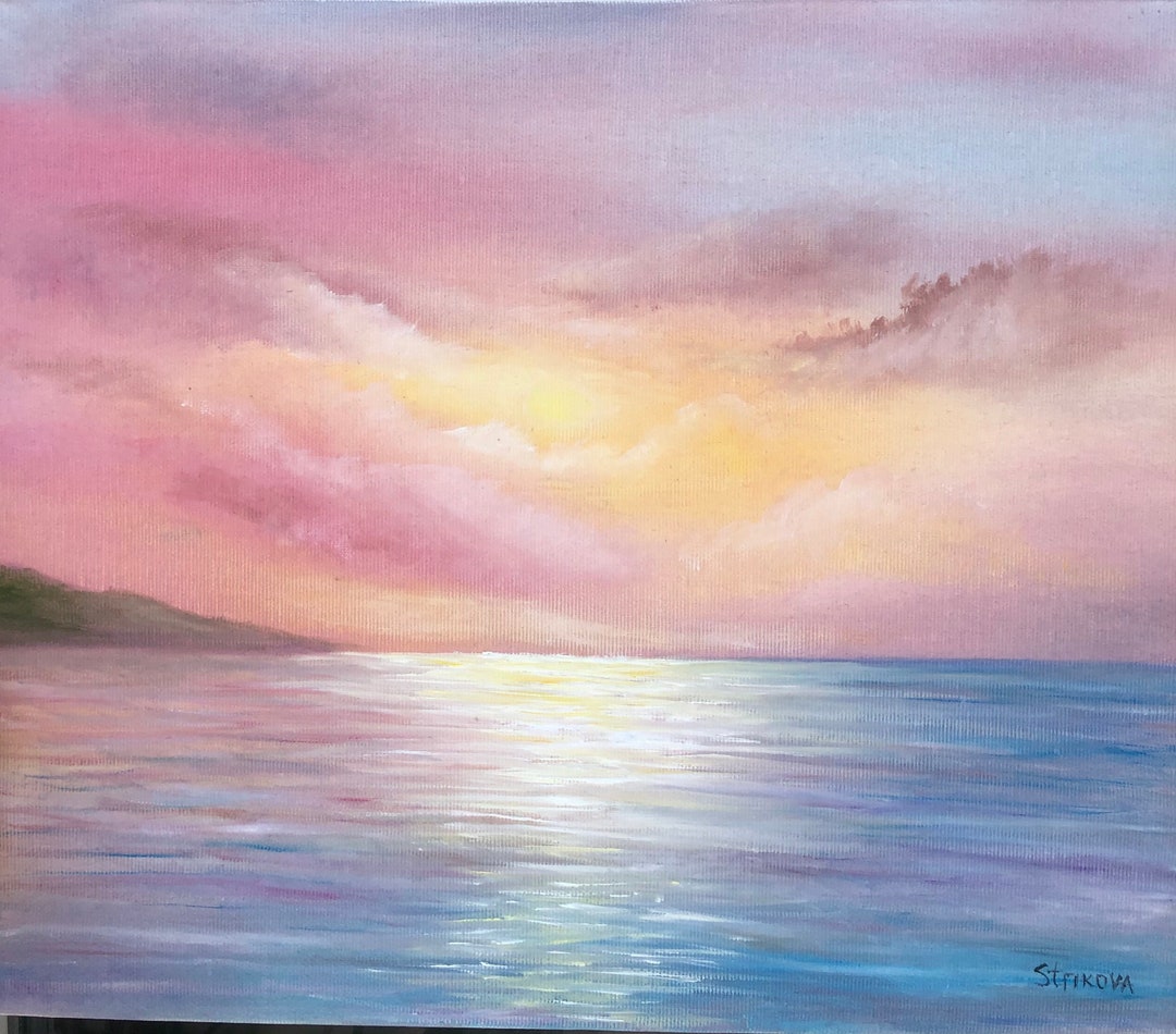 Sunset Sea Oil Painting on Canvas Seascape Painting Original Ocean Art ...