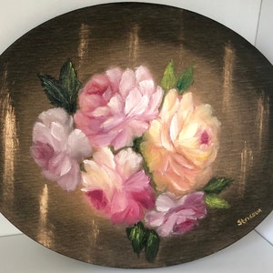 Vintage FloralEs Ölgemälde Rosa Rosen Gemälde Antikes Ölgemälde Blumen auf ovaler Leinwand Oval Gemälde Viktorianisch Dekor Freundin Geschenk