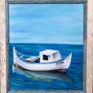 Framed Fishing Boat Oil Painting Nautical Seascape On Canvas Sailboat Artwork Gift For Boat Lover Beach Cottage Decor Home Moving Gift