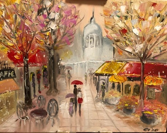 Street scene art Abstract cityscape oil painting Colorful city Street oil art Red umbrella Rain painting art