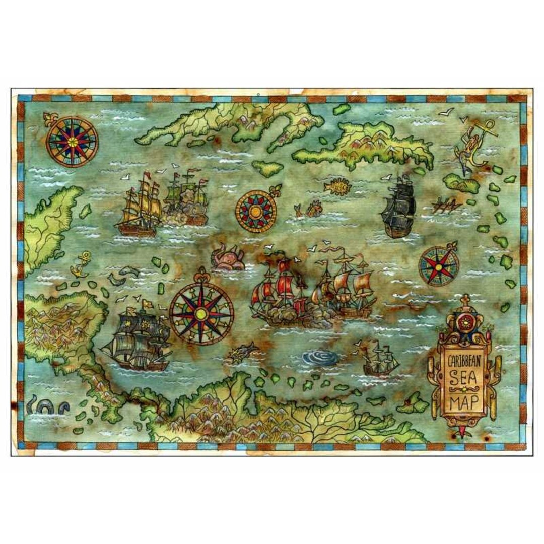 CARIBBEAN PIRATE MAP AND THE ISLANDS IN FULL COLOR VINTAGE RETRO ...