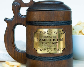 Dungeon Master personalized mug with lid, Dungeons and Dragons, Because I am DM, Custom Beer Engraved Tankard, Dad mug, Gifts for husband