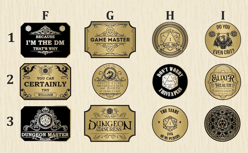May include: Ten gold and black circular and rectangular stickers with various designs and text. The stickers feature dice, dragons, and text such as "Game Master", "Dungeon Mistress", and "You Can Certainly Try William".