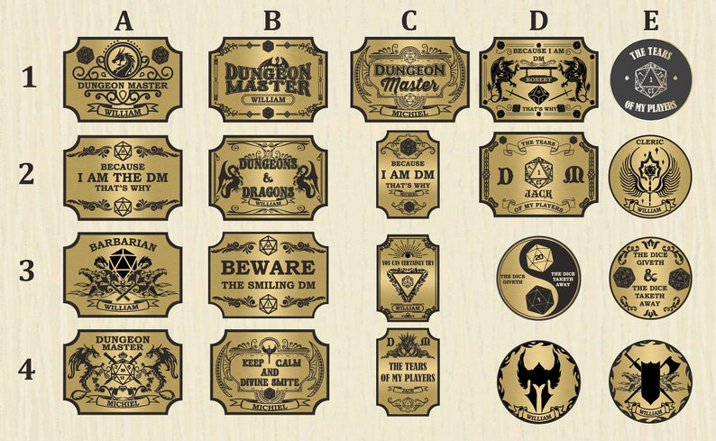 May include: A set of 20 gold-coloured metal labels with black text and images. The labels feature various Dungeons and Dragons themes, including "Dungeon Master", "Barbarian", "Cleric", "The Dice Giveth", and "Keep Calm and Divine Smite".
